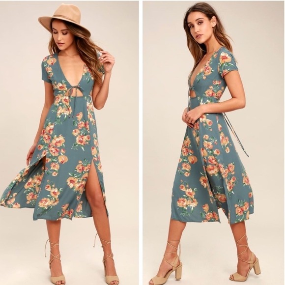 Lulus 19G Best Day of My Life Dusty Sage Floral‎ Print Midi Dress Tie Front XL - Picture 2 of 12